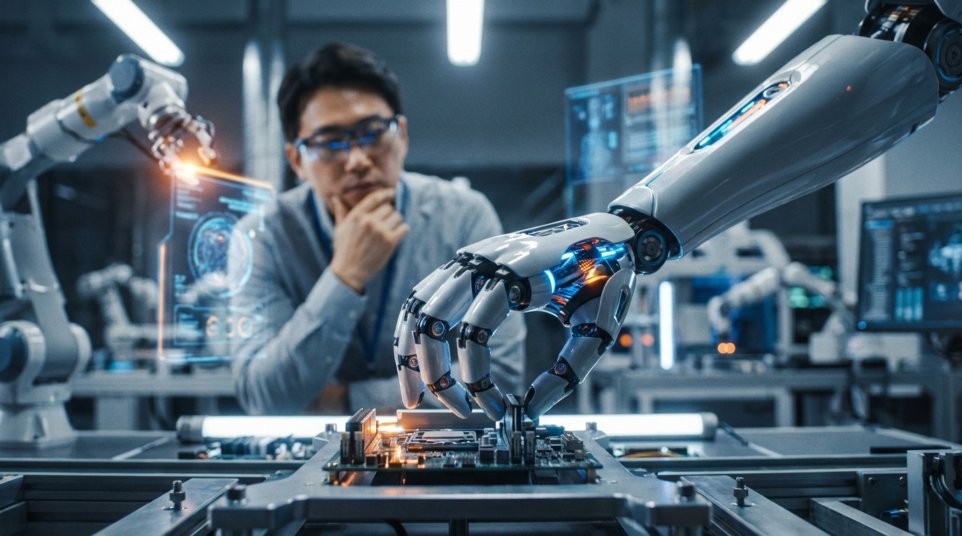 정교한 작업을 수행하는 휴머노이드 로봇과 이를 관찰하는 한국인 엔지니어의 모습