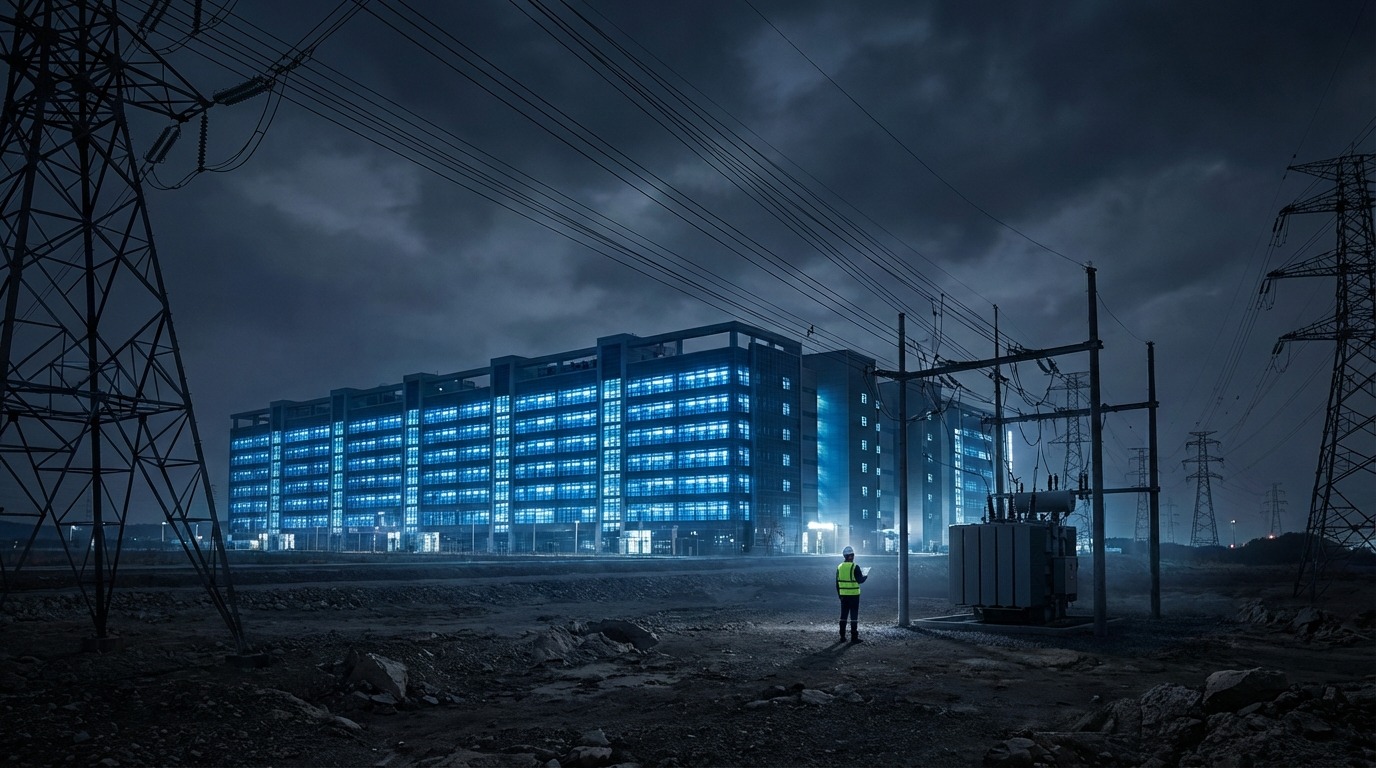 AI 시대의 막대한 전력 소비를 상징하는 거대한 데이터 센터와 복잡한 전력망