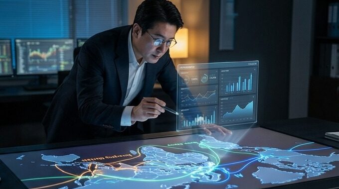 복잡한 금융 데이터를 분석하며 글로벌 시장 트렌드를 파악하는 한국인 투자자