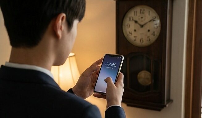 아날로그 시계와 스마트폰을 보며 시간에 혼란스러워하는 한국 학생의 모습