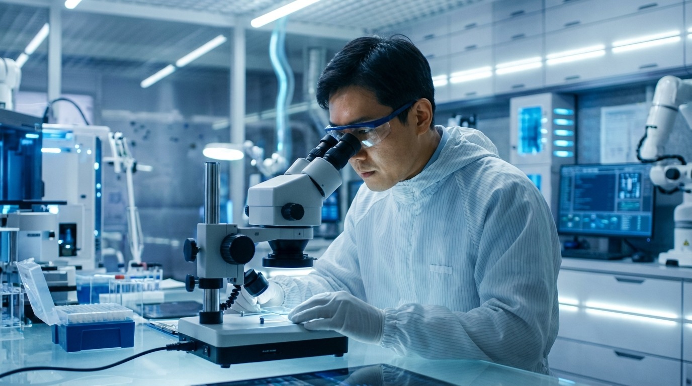 첨단 클린룸 연구실에서 유리기판을 정밀하게 검사하는 한국인 엔지니어의 모습