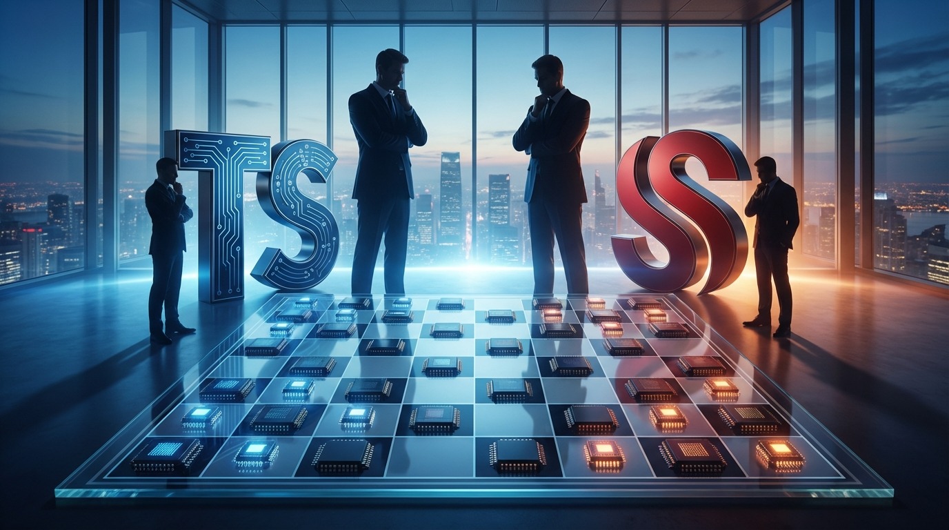 유리기판 체스판 위에서 반도체 경쟁을 벌이는 삼성과 TSMC를 상징하는 이미지