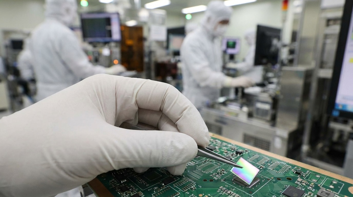 클린룸 장갑을 낀 손이 작은 유리기판을 회로 기판 위에 정밀하게 배치하는 모습