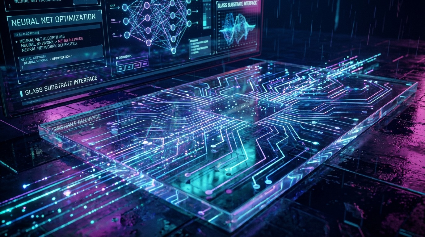 초고속 데이터 흐름과 AI 알고리즘을 상징하는 투명 유리기판 회로 이미지