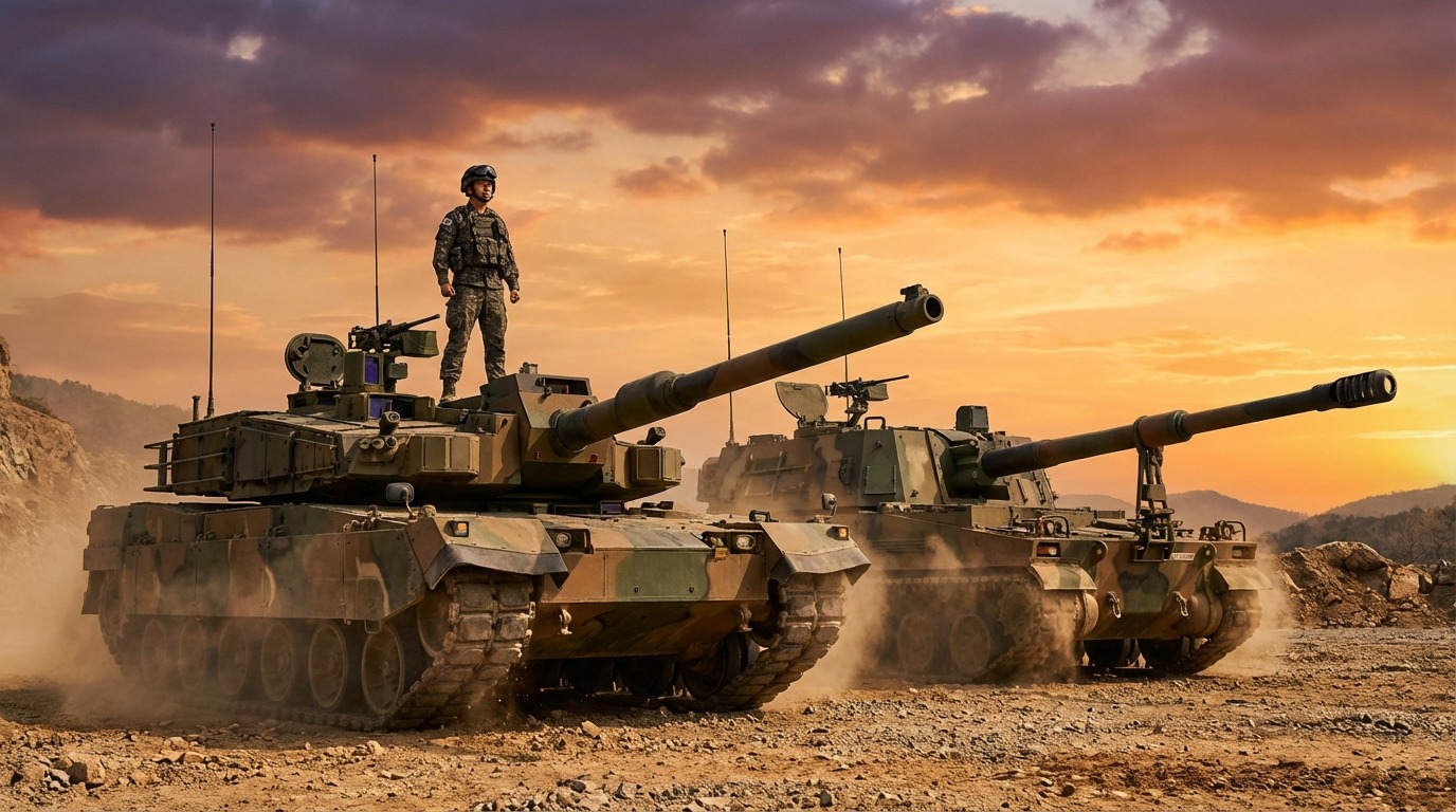 대한민국 육군의 K2 흑표 전차와 K9 자주포가 황혼 속 험준한 지형에서 강력한 위용을 드러내고 있습니다.