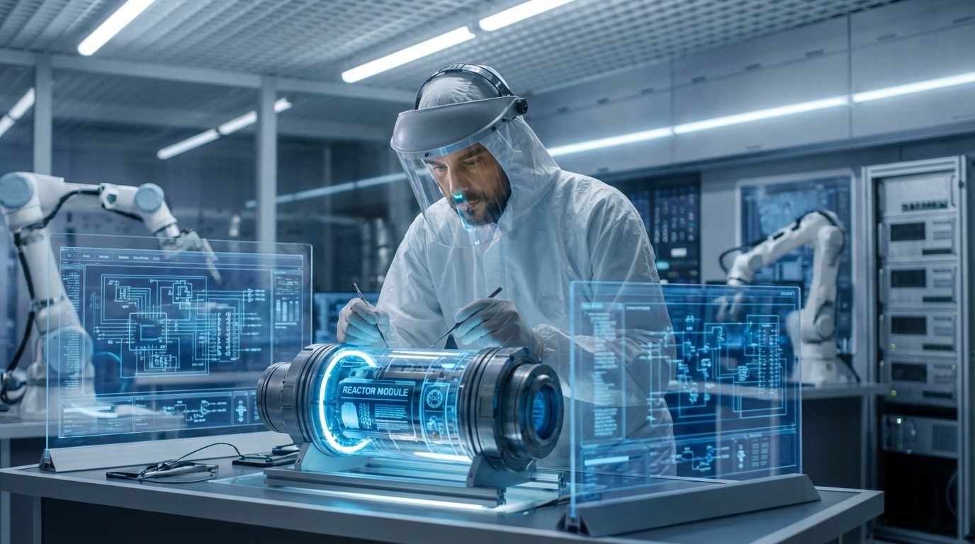 클린룸에서 소형 원자로 핵심부를 정밀하게 작업하는 한국인 엔지니어의 모습입니다. 한국의 원자력 기술력을 상징합니다.