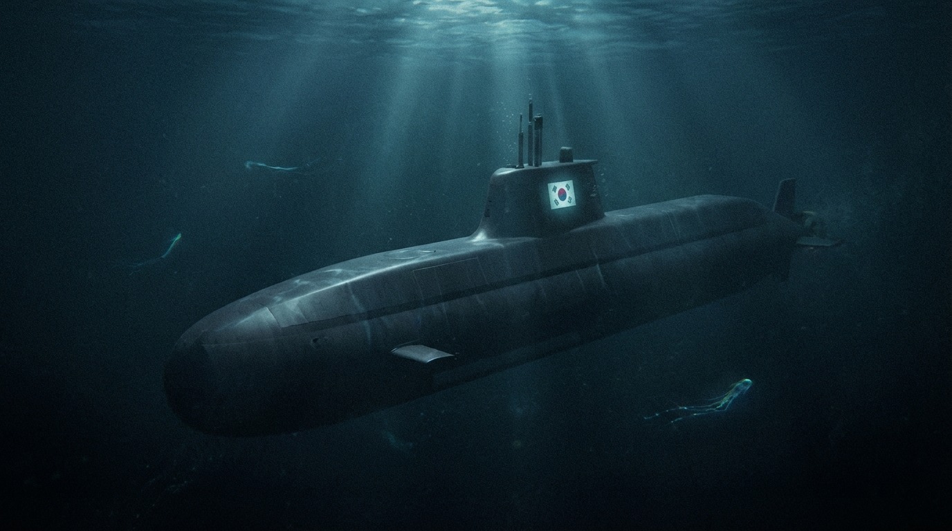 깊은 바닷속을 조용히 항해하는 미래형 스텔스 핵추진 잠수함의 위용을 보여줍니다.