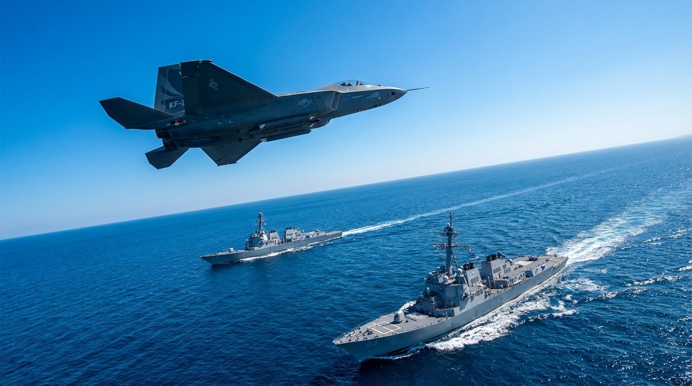 KF-21 보라매 전투기가 푸른 하늘을 가르며 비행하고, 아래로는 세종대왕급 이지스 구축함이 바다를 항해하는 모습입니다.