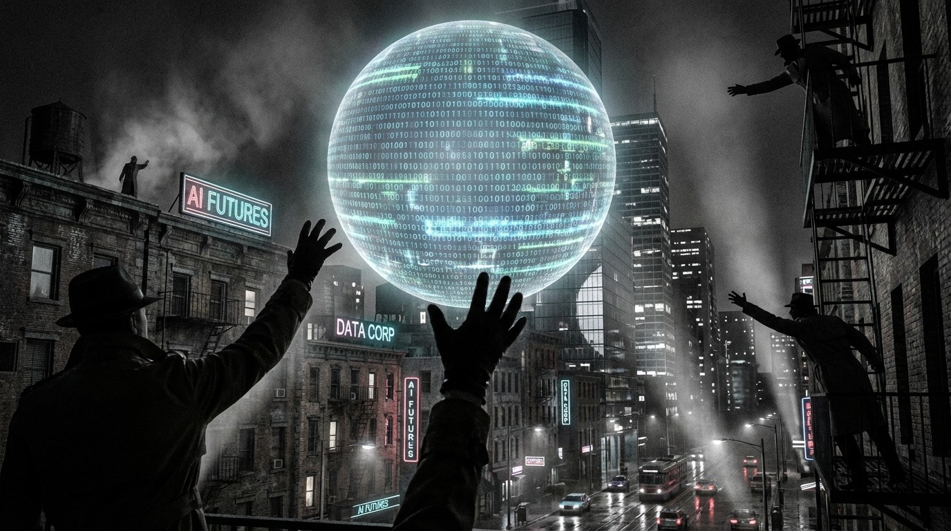 디지털 코드로 빛나는 거품이 도시 위에 떠다니며 AI 거품론과 투기적 투자를 상징하는 모습