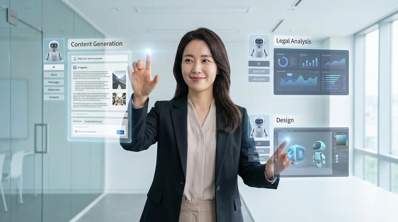 가상 작업 공간에서 AI 에이전트들을 능숙하게 관리하며 인간-AI 협업의 효율성을 보여주는 한국 여성