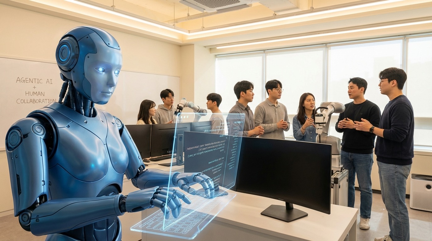 투명 인터페이스에서 코딩하는 휴머노이드 로봇과 에이전트 AI와 협력하는 인간 엔지니어들