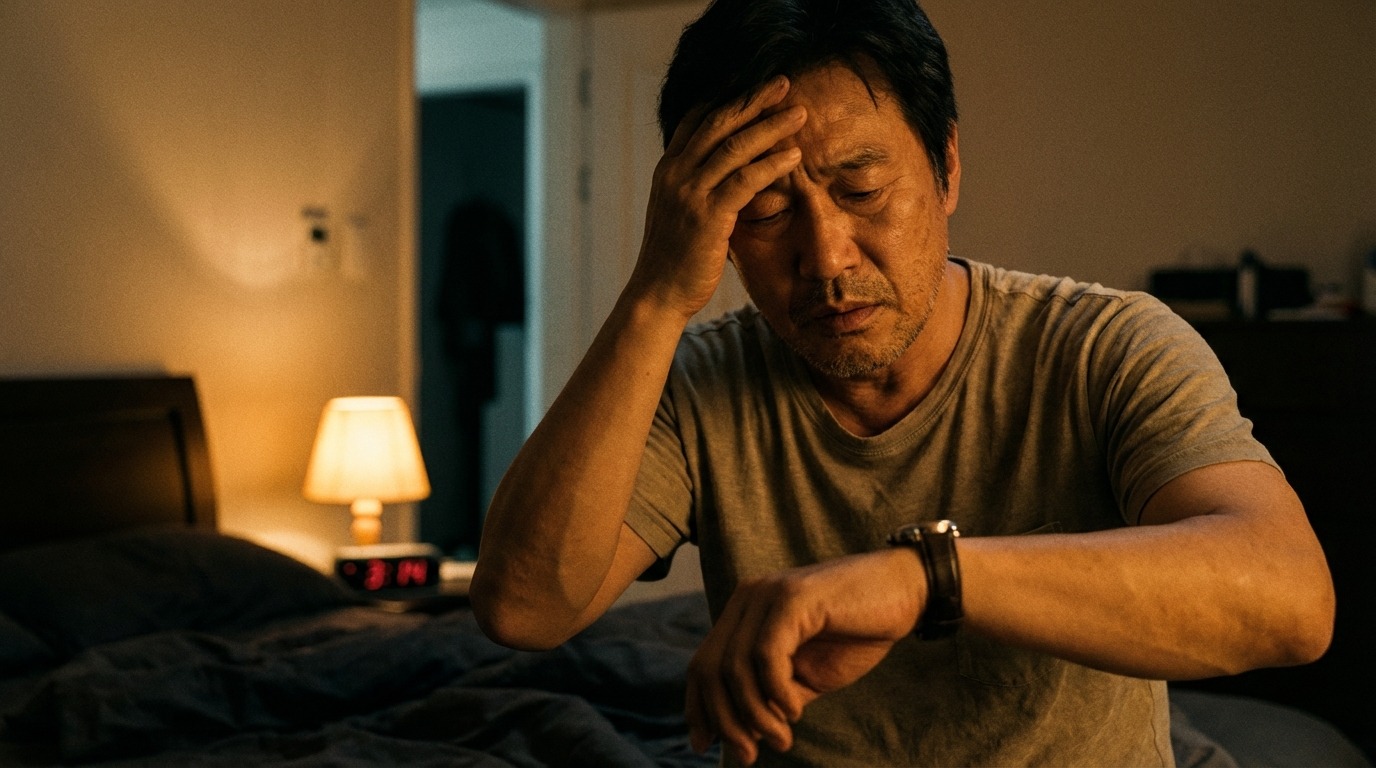 밤늦게 잠 못 들고 시계를 확인하는 피곤한 중년 남성의 모습, 야간뇨와 불면증으로 인한 고통