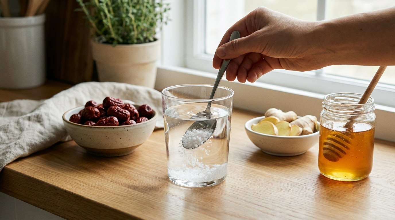 천연 소금을 물에 타는 모습, 대추, 생강, 꿀과 함께 건강하게 소금물을 섭취하는 방법