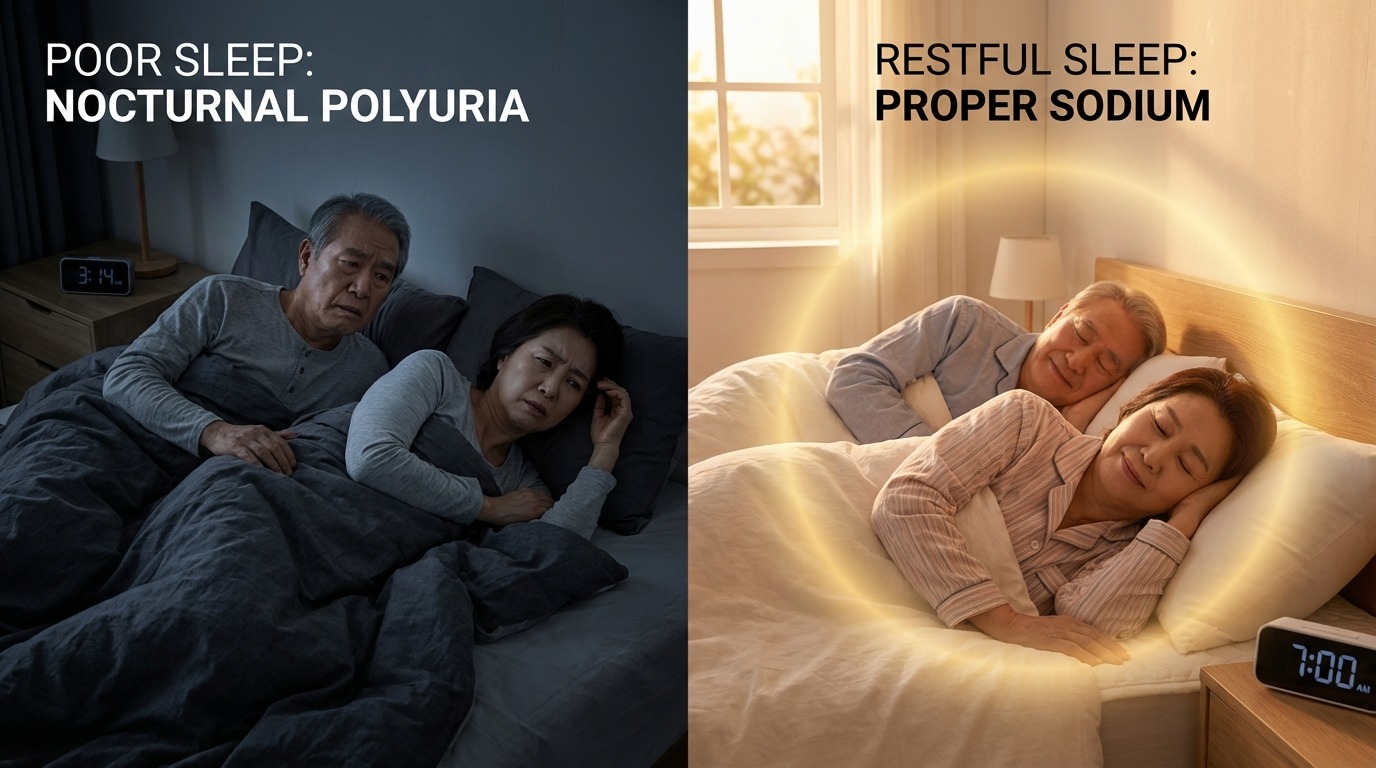 야간뇨로 잠 못 드는 노년 부부와 나트륨 섭취 후 숙면을 취하는 부부의 모습, 건강한 수면의 중요성