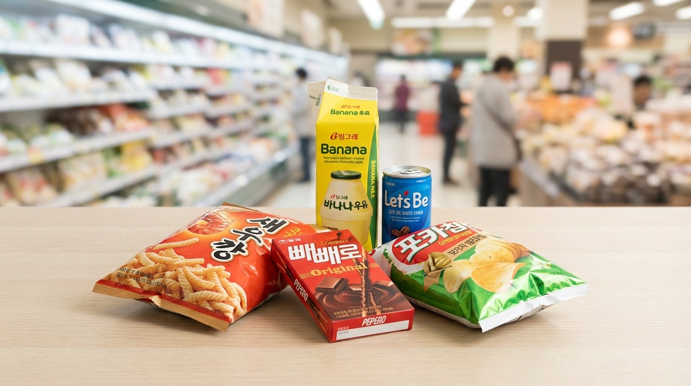 미국 대형 마트에서 한국인 여성이 비빔밥 키트를 가리키며 미국인 부부와 대화하는 모습