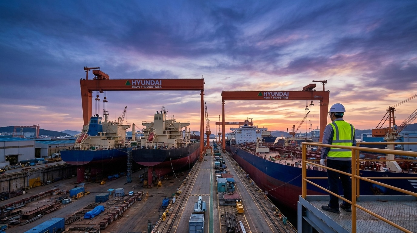 울산의 거대한 드라이 도크에서 건조 중인 선박들과 골리앗 크레인, 조선 강국의 압도적인 산업 규모