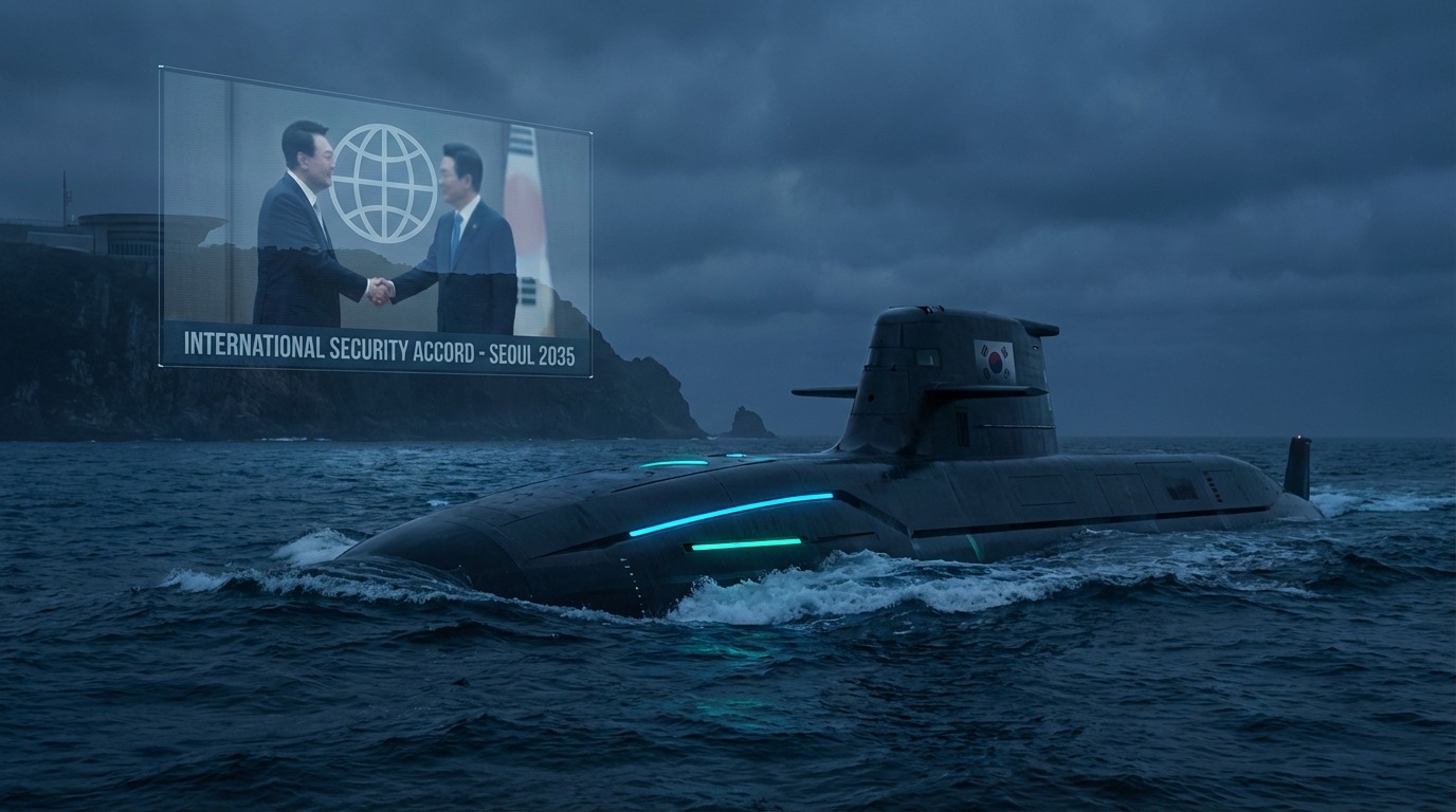 어두운 심해에서 떠오르는 최첨단 핵잠수함, 한국의 국방 기술력과 국제 협력을 상징하는 모습