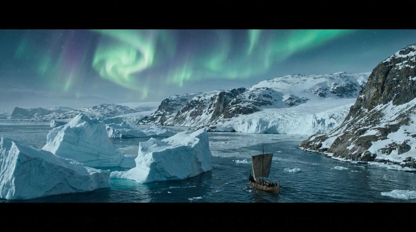 바이킹 정착민들을 이끌고 그린란드 해안에 첫발을 내딛는 붉은머리 에릭의 모습