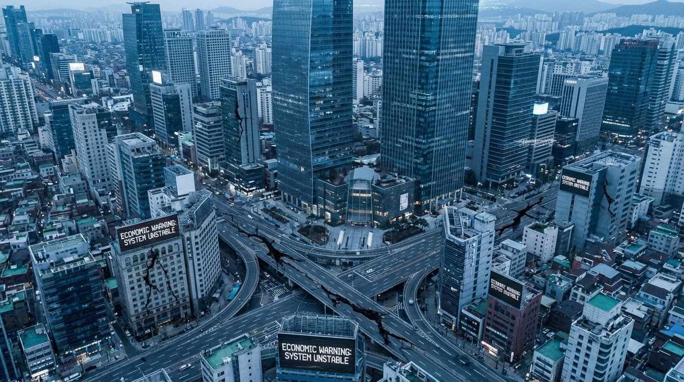 한국 경제의 근본적인 불안정성을 나타내는 도시 풍경 속 균열
