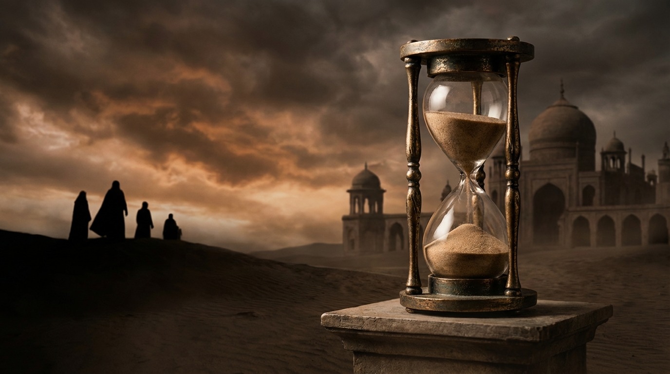 모래가 거의 다 떨어진 상징적인 모래시계, 현 이란 정권의 남은 시간과 과거 시스템 복귀 요구를 의미