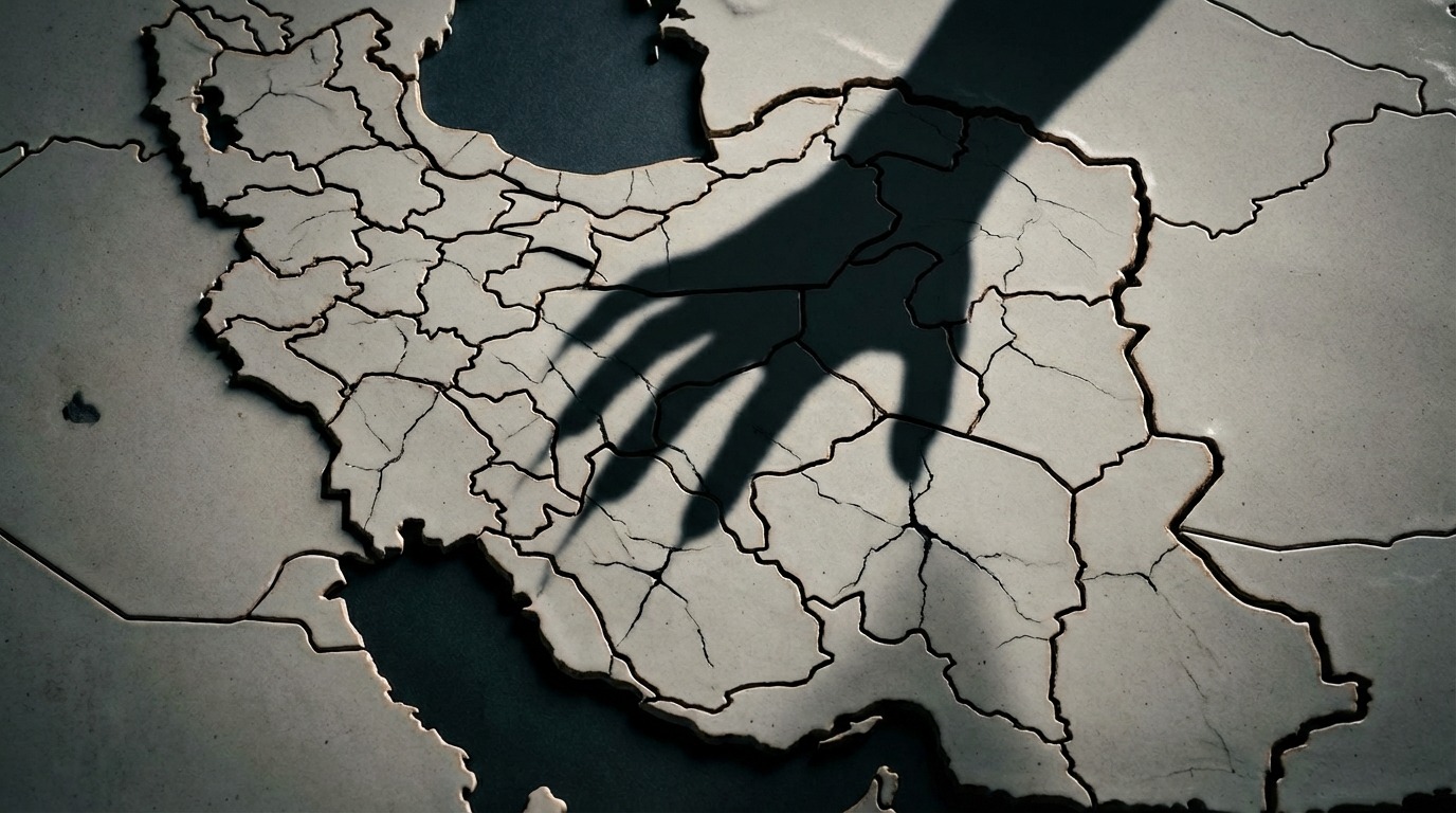 균열이 생긴 이란 지도 위에 드리운 독재적 그림자, 깊은 내부 분열과 국가 해체의 위협을 상징