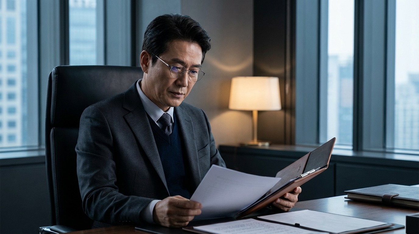 세계 부자들이 안경을 고수하며 서류를 검토하는 모습