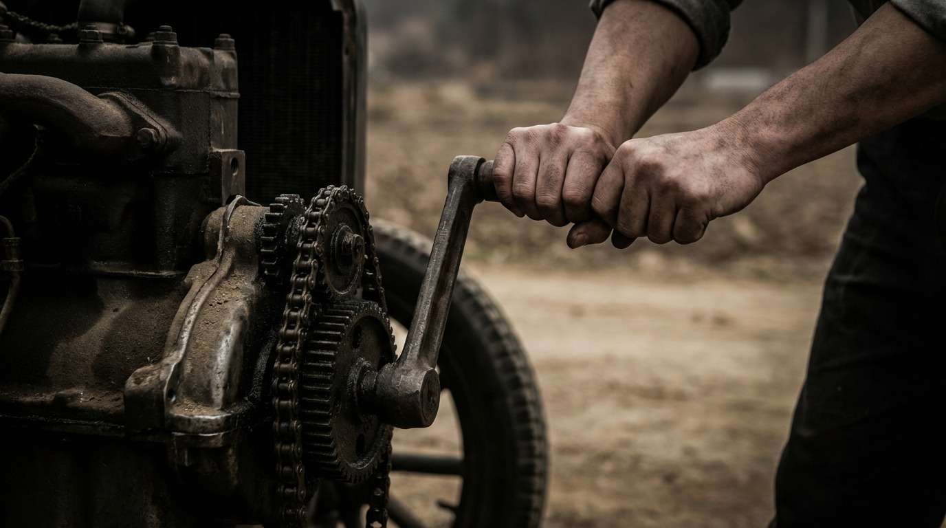 낡은 자동차를 손으로 힘겹게 크랭크를 돌려 시동을 거는 한국 남성, 수동 시동의 어려움을 보여주는 모습