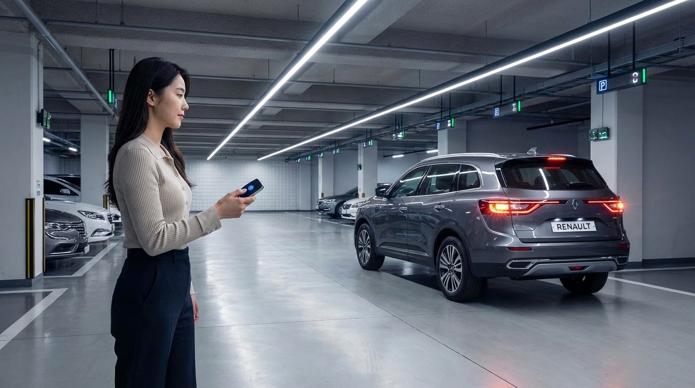 현대적인 주차장에서 르노 자동차의 리모컨 키 버튼을 누르는 한국 여성, 무선 제어의 편리함을 보여줌