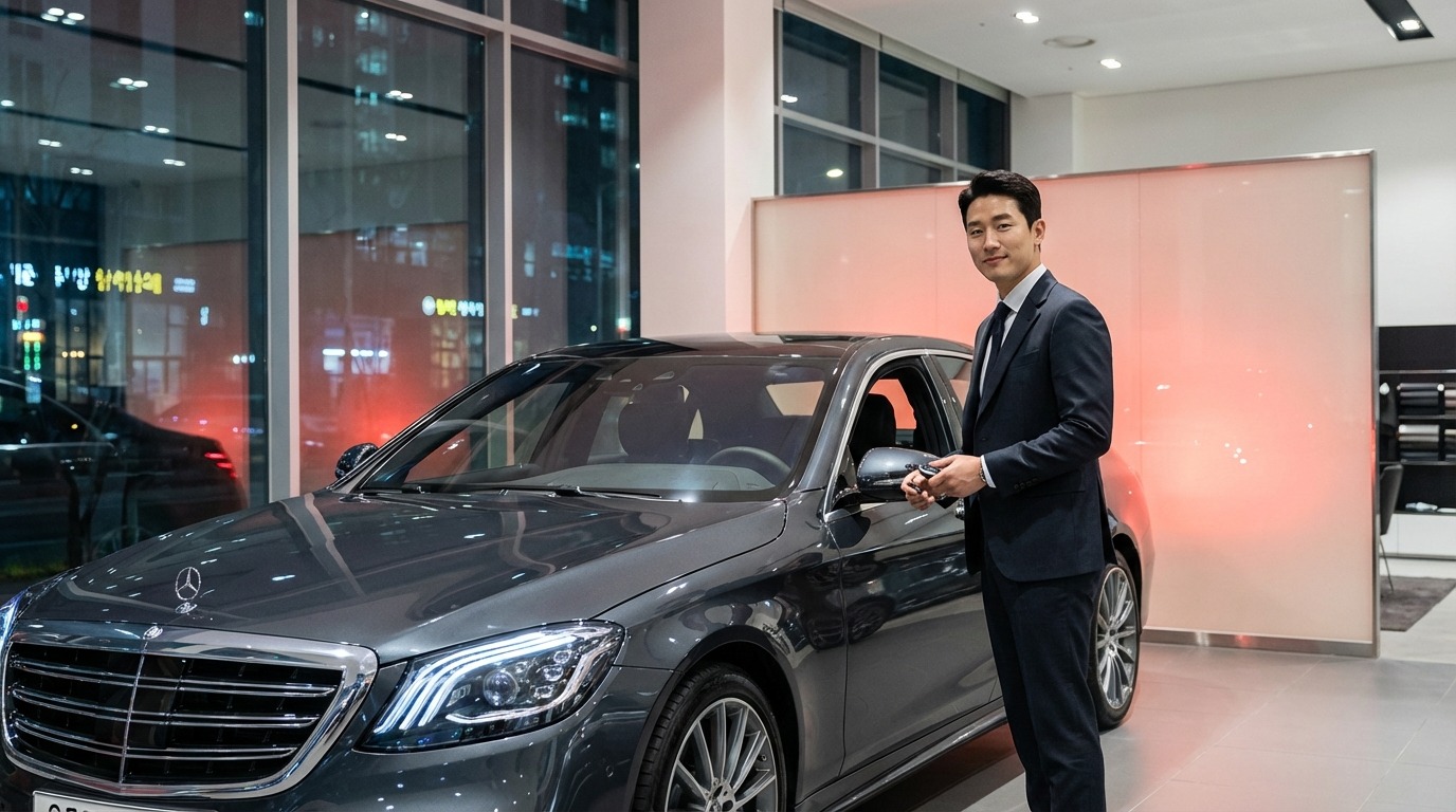 메르세데스-벤츠 삼각별 엠블럼에 비친 중국 국기와 상하이 야경