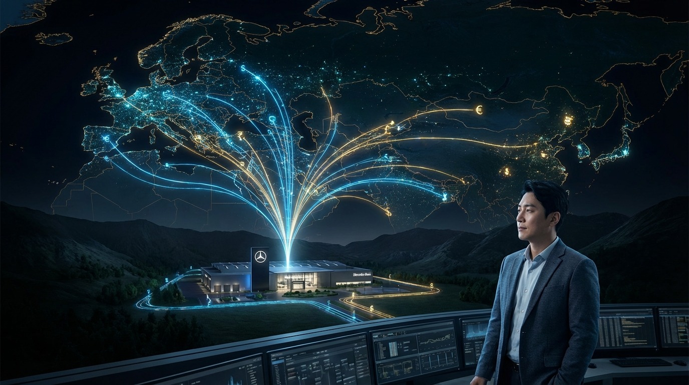 안개 낀 아시아 대도시 거리를 달리는 메르세데스-벤츠, 불확실한 미래를 상징