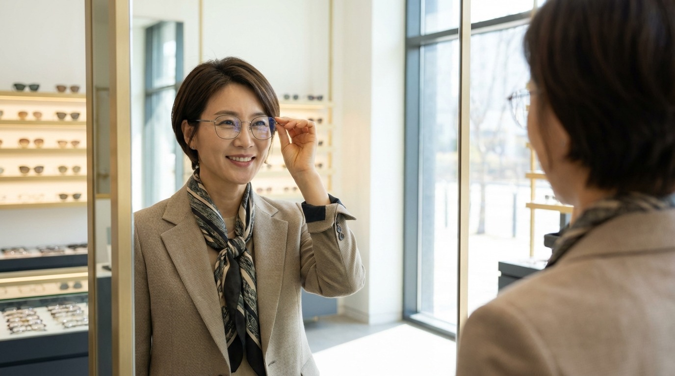 다초점 안경을 착용하고 편안하게 미소 짓는 여성