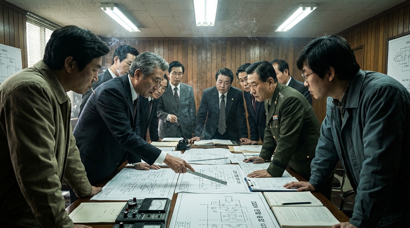 1960년대 110V 거리와 현대 220V 데이터 센터를 비교하며 한국의 전력 인프라 전환 여정을 보여주는 모습