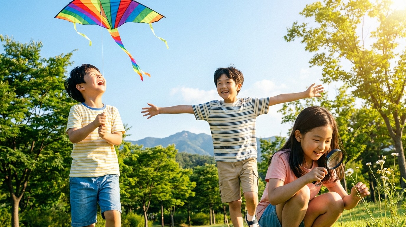 야외에서 활발하게 뛰어노는 아이들