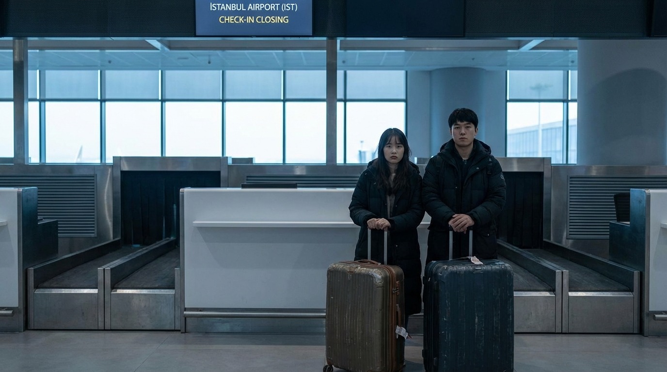 튀르키예에서 해외로 이주하는 젊은 세대를 상징하는 공항의 한국인 커플