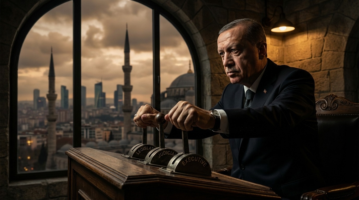 입법, 사법, 행정부를 장악한 에르도안 대통령과 같은 튀르키예 지도자의 모습