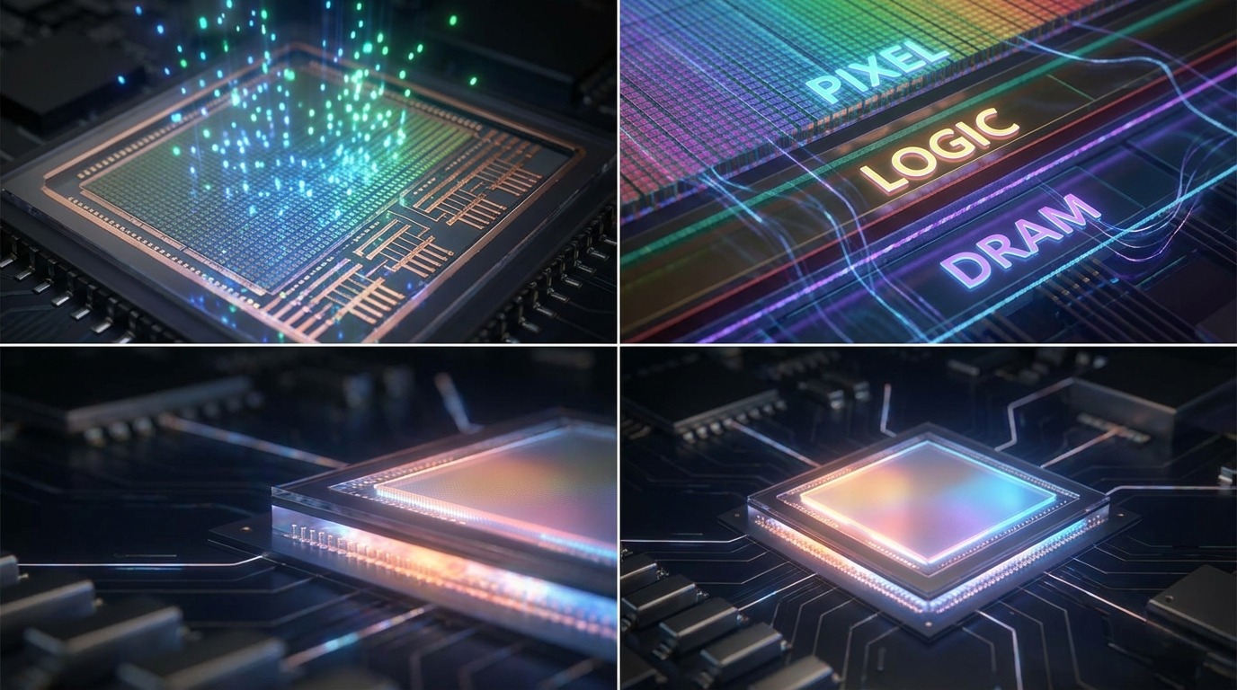 복잡한 픽셀, 로직, DRAM 적층 구조를 보여주는 CMOS 이미지 센서 칩 클로즈업