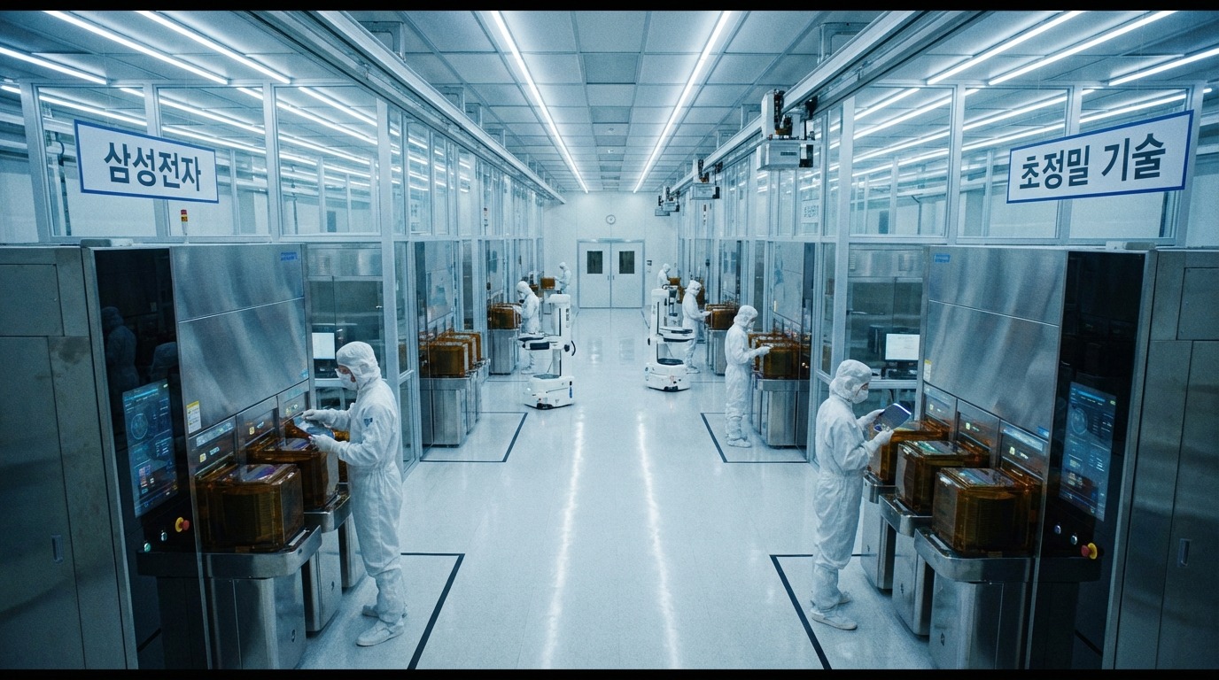최첨단 반도체 제조 시설에서 웨이퍼를 검사하는 한국 엔지니어들