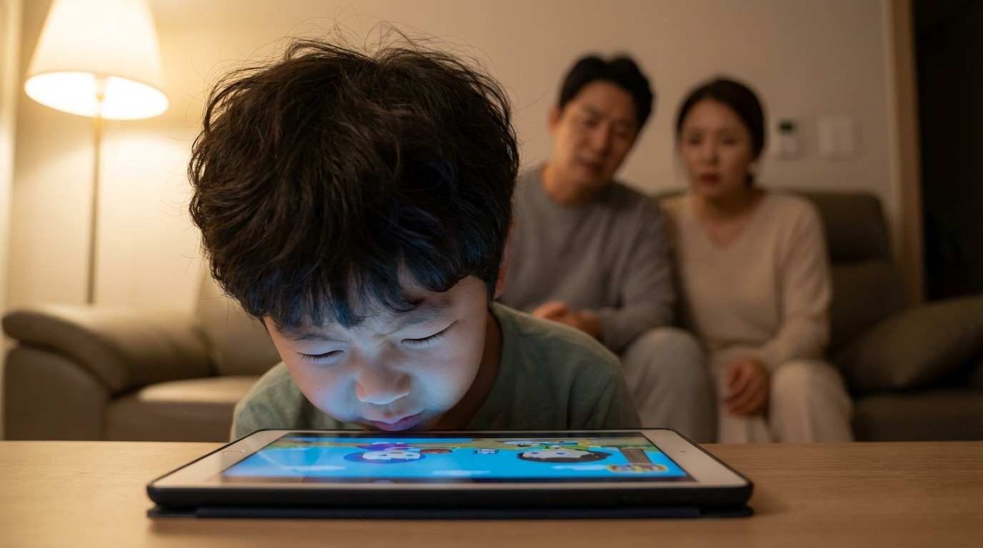 스마트폰을 가까이서 보는 아이와 걱정하는 부모