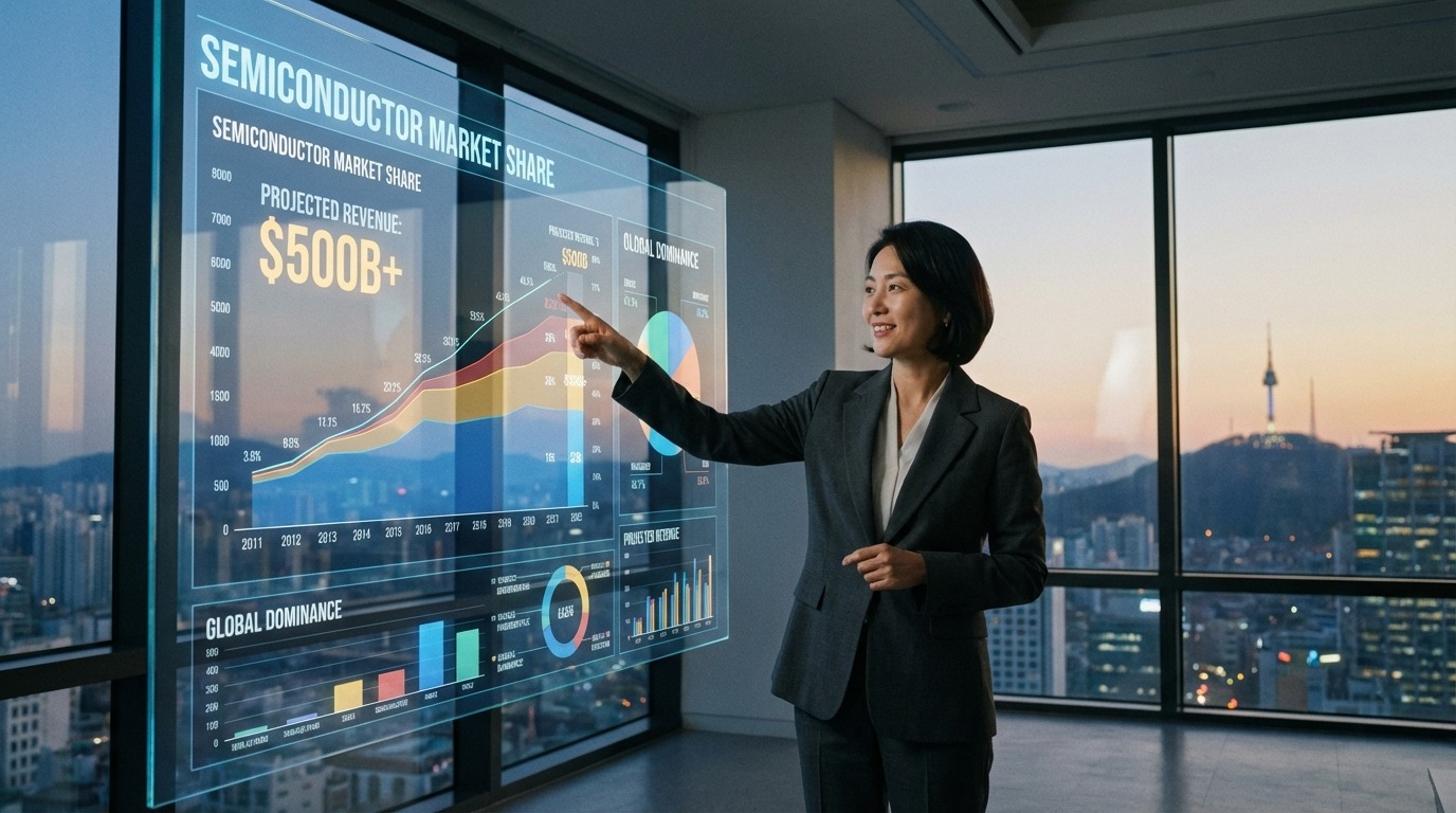 반도체 시장 점유율 그래프 앞에서 전략적 비전을 제시하는 한국 여성 임원
