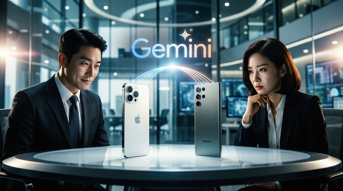 애플 아이폰과 삼성 갤럭시폰 위에 떠오른 구글 제미나이 AI 로고. 두 회사 관계자들의 복잡한 표정이 AI폰 시장의 격변을 암시한다.
