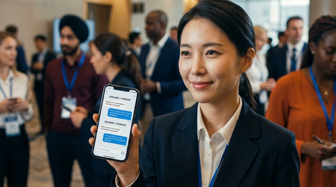 국제회의에서 실시간 통역 기능을 사용하며 언어 장벽 없이 소통하는 한국 여성. AI폰의 편리함을 보여준다.