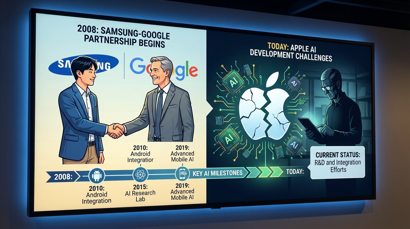 2008년부터 이어진 삼성과 구글의 AI 협력 역사를 보여주는 타임라인 인포그래픽. 애플의 고립된 AI 개발 상황과 대비된다.