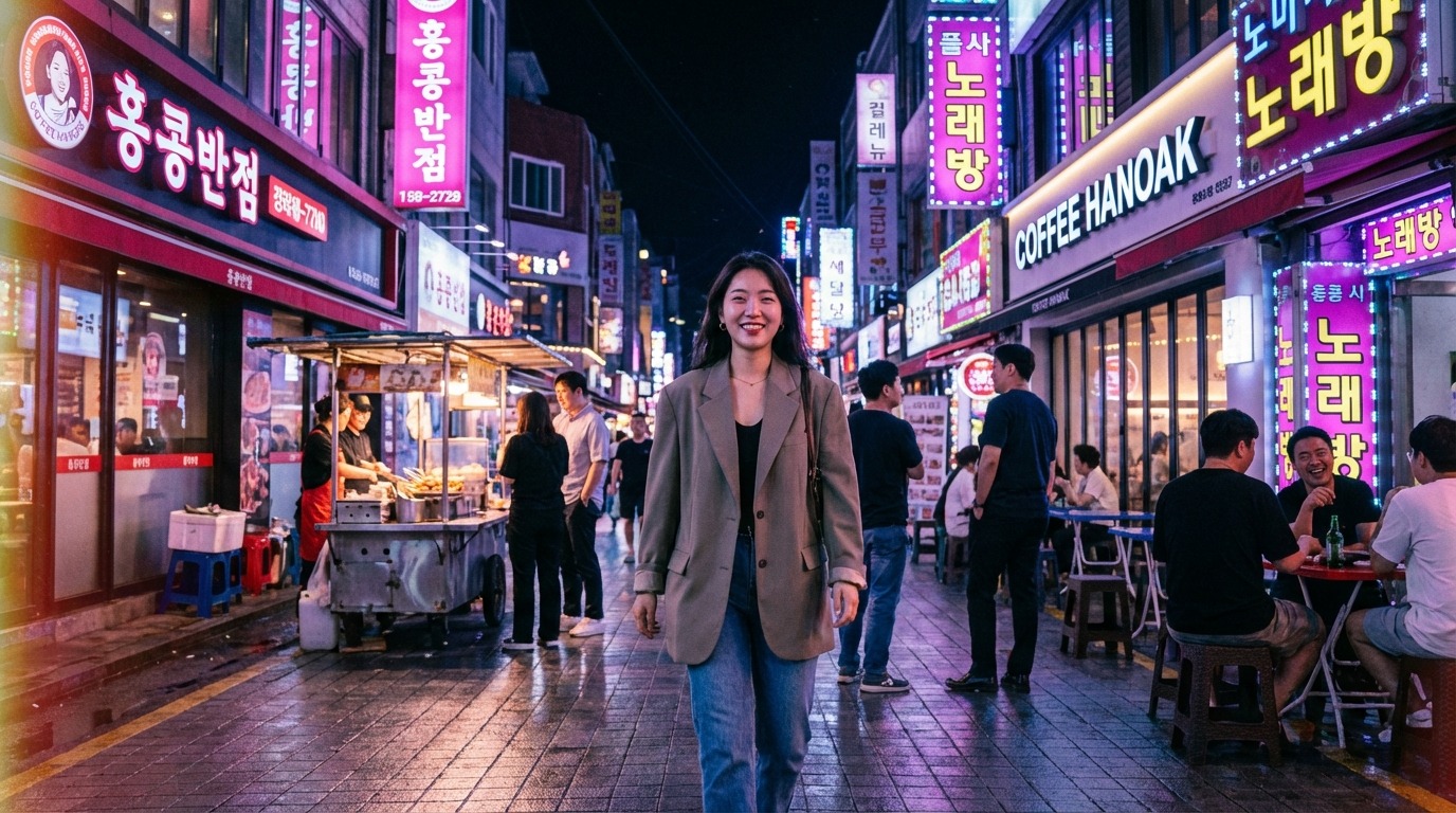 밤 11시 서울 번화가를 안전하게 걷는 한국 여성