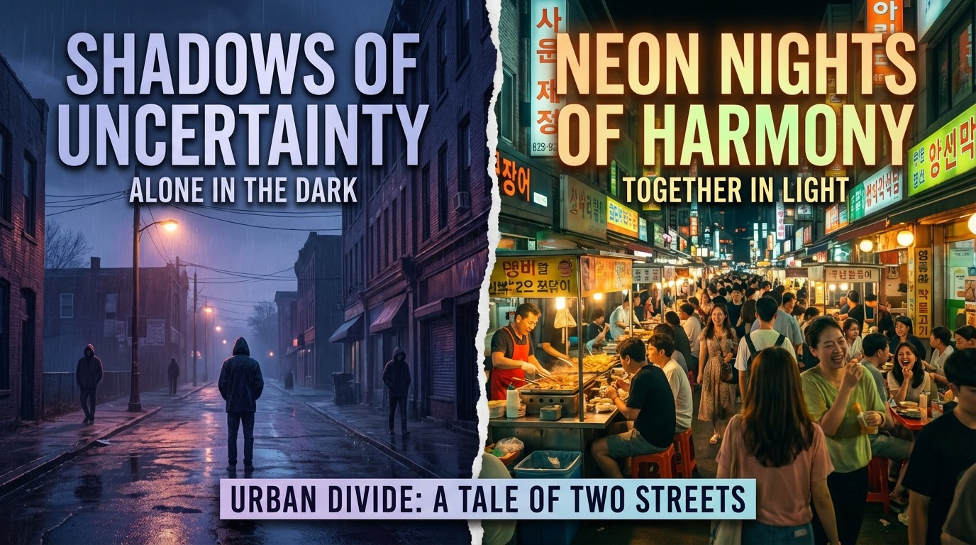 어두운 미국 거리와 활기찬 한국 밤거리를 대비하여 안전성을 강조하는 이미지