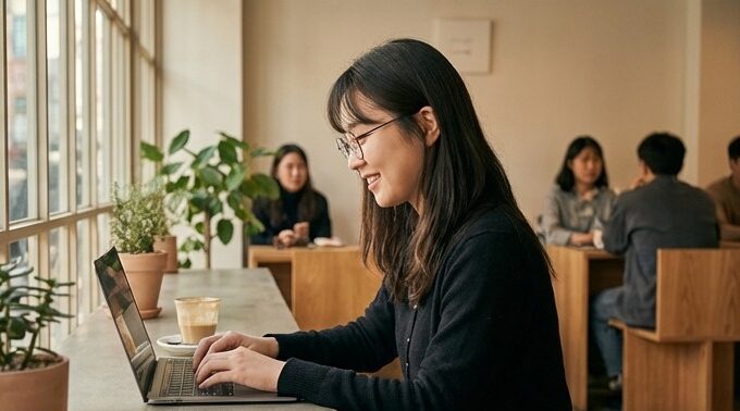 현대 카페에서 한글을 타이핑하는 여성의 집중된 모습
