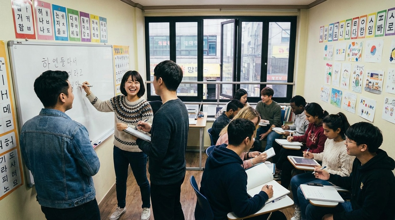 서울의 한국어 교실에서 한글 쓰기 연습을 하는 다양한 국적의 젊은이들