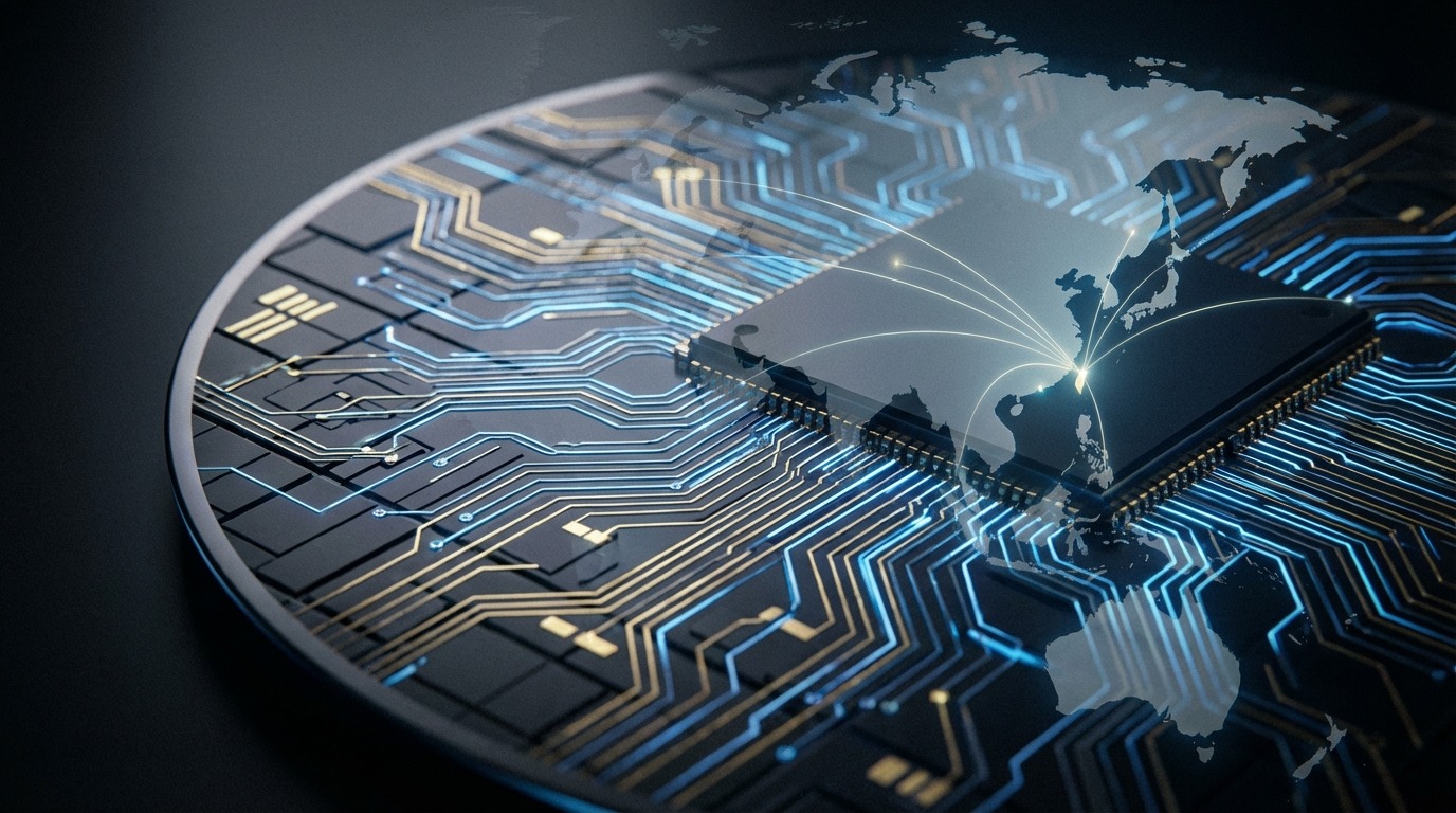 정교한 회로 패턴이 있는 빛나는 실리콘 웨이퍼의 클로즈업, 동아시아 세계 지도가 겹쳐져 대만의 글로벌 반도체 공급망에서의 중요성을 상징
