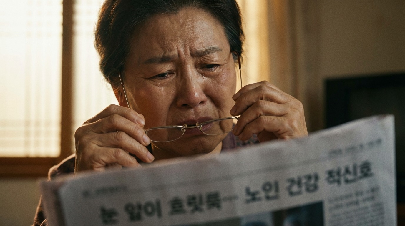 노안으로 신문 읽기 어려워하는 어르신