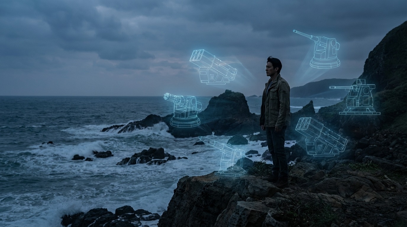 대만 해안선을 지키는 사람이 격동하는 바다를 배경으로 미래형 방어 시스템을 응시하는 모습, 대만의 방어 의지와 불확실성을 상징