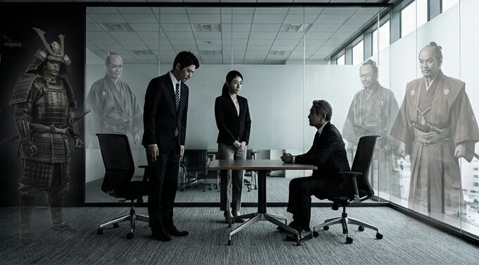 상사에게 인사하는 한국인 일본 직장인, 뒤로 보이는 사무라이 유령 이미지